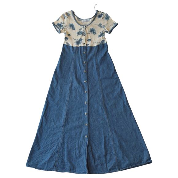 Vintage 90s Peggy Sue Denim Maxi Dress Floral Button Front Cottagecore - Picture 1 of 5